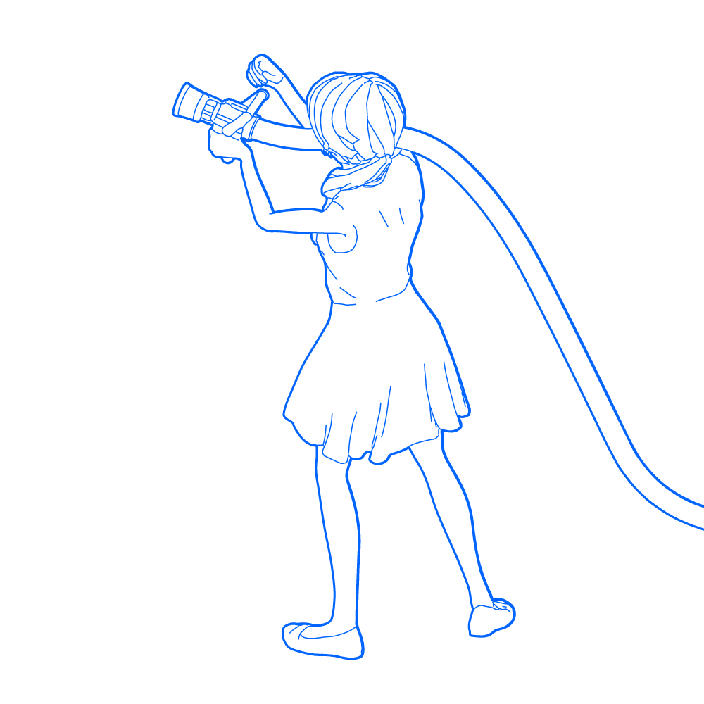Line drawing of a teenage girl holding a fire nozzle