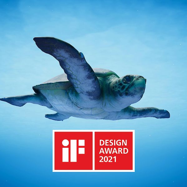 3D simulation of a loggerhead turtle in the ocean with the if design award logo
