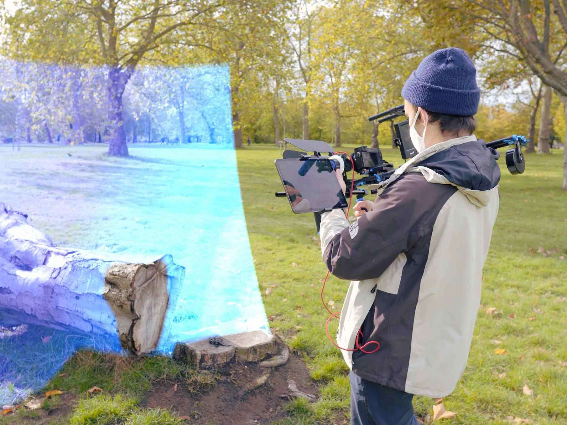 Film operator holding a lidar equipped cinema camera